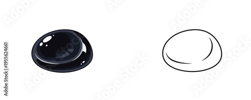 Black polished obsidian stone vector illustrations shown in colored cartoon and black outline linear styles, deep charcoal and obsidian hues, representing smooth volcanic glass on white background