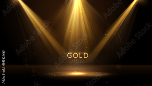 Luxury golden stage vector background with dramatic spotlight beams illuminating a glowing frame. Sparkling particles and light rays for luxurious awards ceremonies, presentations,