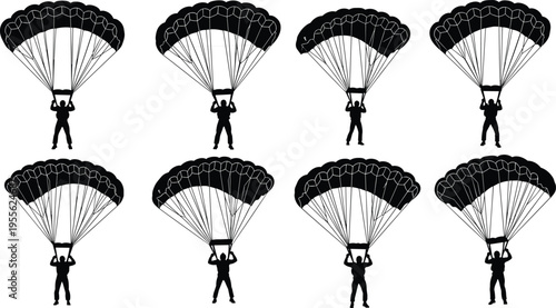 Black silhouette illustration of eight parachutists descending with open parachutes, aviation and skydiving design for military, sport, adventure, and recreational concepts