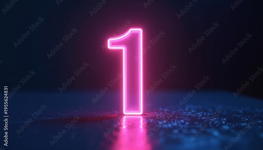Fototapeta premium Glowing neon number one stands alone. Pink and blue lasers create abstract tunnel effect. Dark background with light reflection on wet floor. Modern digital art.