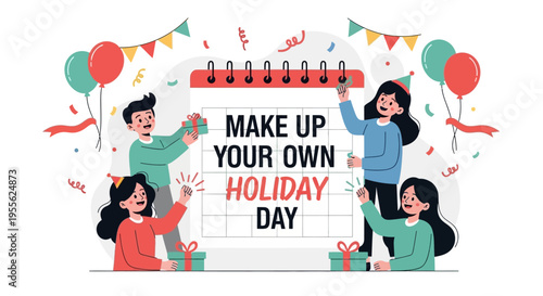 A playful illustration of four people celebrating and making up their own holiday day with colorful decorations and gifts on a white background with a mix of digital and festive elements.