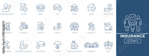 Insurance line icon collection. Features outline icons for insurance symbols, health insurance, safety, risk management, etc. Perfect for insurance companies, and financial advisors.