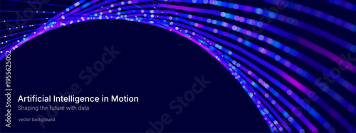 Futuristic abstract vector background with flowing neon lines and glowing particles forming a dynamic wave pattern on a blue background. Big data processing, artificial intelligence, digital networks