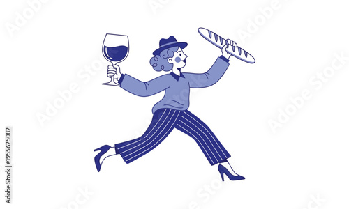 Woman in hat running with wine glass and baguette, french lifestyle, Single Person