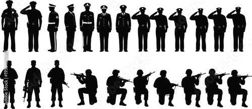 Black silhouette illustration of police officers and military soldiers in formal saluting postures and tactical combat stances with rifles, design for discipline, respect, and defense concepts