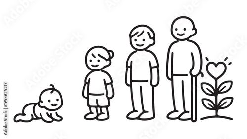 Vector illustration of a family across four generations with a plant