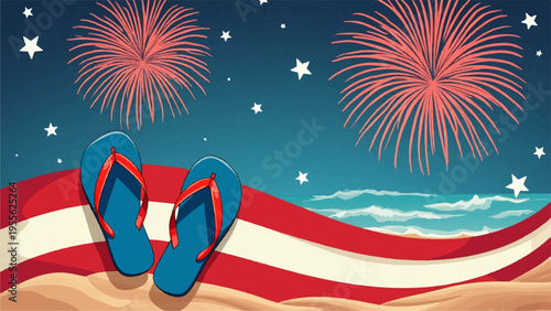 American flag beach scene with blue flip flops and vibrant fireworks display at night