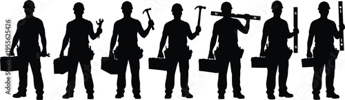 Silhouette construction workers with tools toolbox hammer wrench level industrial labor teamwork builder isolated white background professional workforce concept design