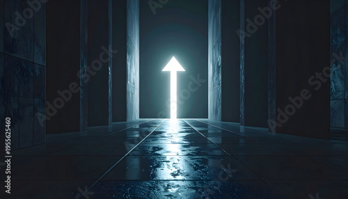 Luminous upwards arrow glowing brightly at the end of a dark concrete architectural corridor, metaphor for business success, vision, hope, breakthrough, and path to the future