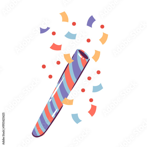 Party popper with striped cone, flying confetti and scattered dots in burst effect. Birthday party decor, greeting card and celebration design with party popper, cartoon vector illustration