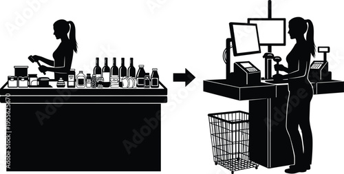 Retail cashier silhouettes, barcode scanning process, supermarket checkout, point of sale system, shopping workflow, customer service, billing transaction, modern retail technology