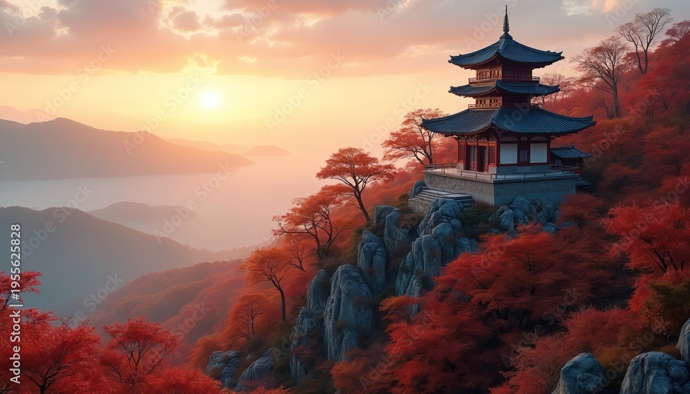 Naklejka premium Traditional Korean mountain house and temple pagoda surrounded by red orange maple trees in autumn forest. Sunrise mist creates hazy peaceful scenic landscape with golden hour light.