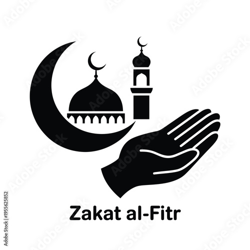 Zakat al fitr illustration featuring a crescent moon mosque and open hands