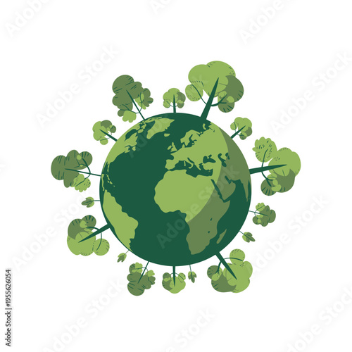 A stylized earth illustration surrounded by green treetops and foliage