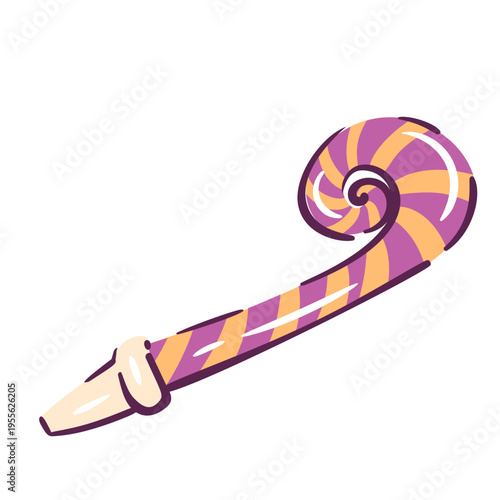 Party horn with curled paper tube, striped pattern and mouthpiece in festive shape. Birthday party decor, greeting card and celebration design with party horn, cartoon vector illustration
