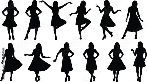 Collection of twelve black silhouette illustrations of women in dresses and high heels, expressive poses for fashion, dance, art, animation, and design concepts
