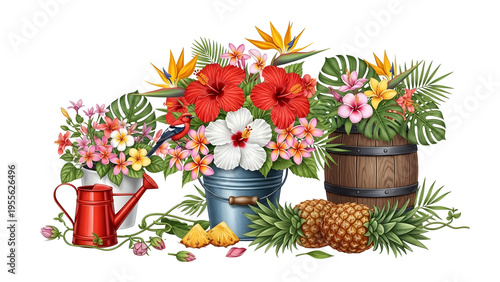 Tropical Flower Arrangement with Hibiscus, Pineapples, and Exotic Bird on Transparent Background