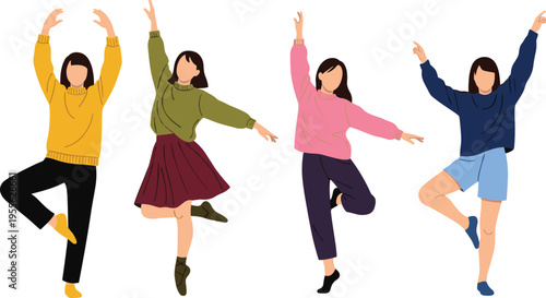Stylized illustration of four faceless figures in colorful casual clothing performing expressive dance poses, modern art design for fashion, movement, individuality, and lifestyle concepts