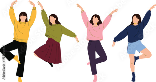 Stylized illustration of four faceless figures in colorful clothing performing expressive dance poses, modern art design for fashion, movement, creativity, and lifestyle concepts