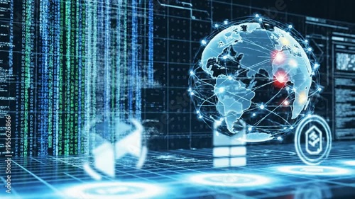 Global network and technology concept with world map.