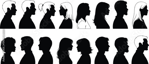 Collection of sixteen black and white silhouette profiles showing diverse hairstyles and facial features, artistic illustration for design, identity, diversity, and character modeling concepts