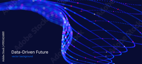 Futuristic abstract vector background with flowing neon lines and glowing particles forming a dynamic wave pattern on a blue background. Big data processing, artificial intelligence, digital networks