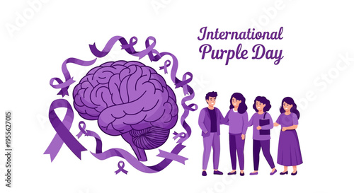 Illustration of people supporting International Purple Day for epilepsy awareness with a purple brain and ribbon design on a white background.
