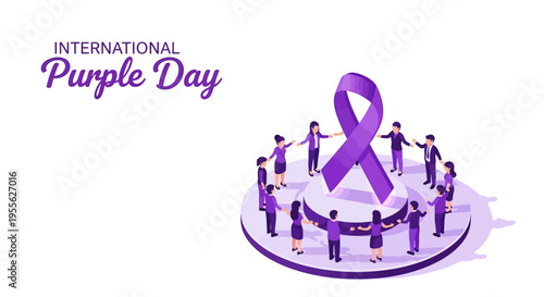Illustration of people standing around a purple ribbon for International Purple Day awareness campaign with a purple theme on a white background.