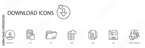 download icons set outline and Flat Style,transparent background