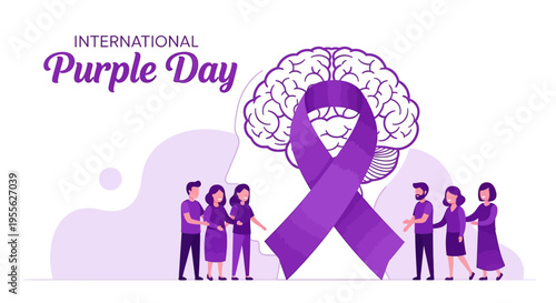 Illustration of people supporting epilepsy awareness with a purple ribbon and brain design on International Purple Day against a clean white background with purple accents.
