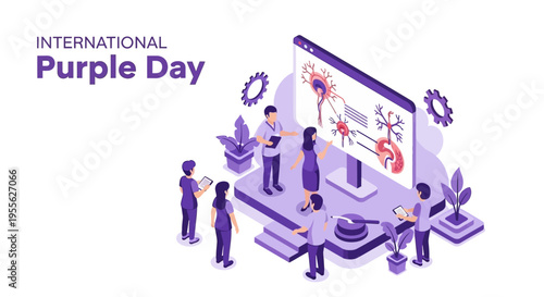 Illustration of people standing around a large screen with a purple theme for International Purple Day awareness campaign about epilepsy support and neurological disorders in a modern