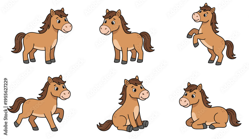 Obraz premium Adorable Cartoon Horse in Various Poses, Featuring Standing, Sitting, and Playful Movements for Fun Animal Illustration