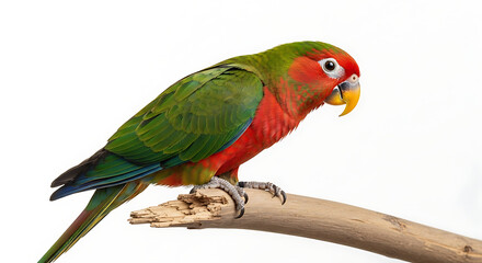 Vibrant tropical parrot showcasing its exotic beauty, perched peacefully on a branch against a clean white background