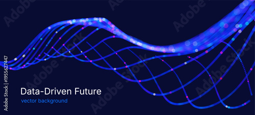 Futuristic abstract vector background with flowing neon lines and glowing particles forming a dynamic wave pattern on a blue background. Big data processing, artificial intelligence, digital networks