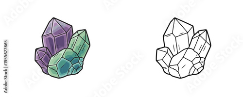 Fluorite crystal cluster vector illustrations shown in colored cartoon and black outline linear styles, purple and green translucent hues, representing natural mineral on white background