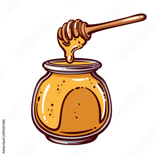 Glass honey jar with wooden dipper, golden honey dripping inside transparent container, natural beekeeping product, rustic farm food object, vintage kitchen icon, vector illustration.
