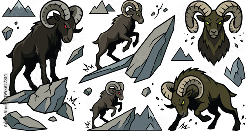 Strong Ram Climbing Rocky Terrain with Fierce Expression, Symbolizing Power and Tenacity in Wild Mountain Landscapes