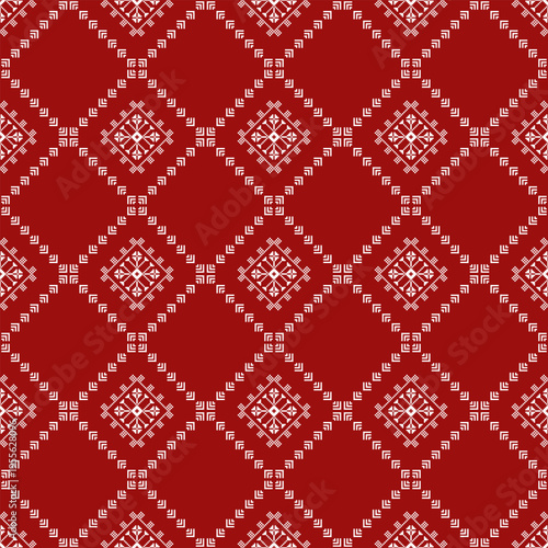 Red and white pixel pattern with repeating diamond motifs connected by stepped lines. Symmetrical grid layout with folk-inspired geometric elements for textile and surface design.