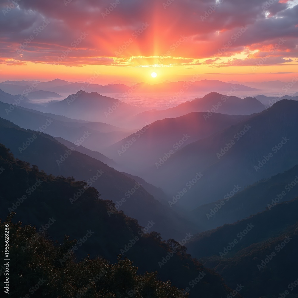 Fototapeta premium Sun rises over misty mountain range valleys. Orange light breaks through clouds creating rays. Silhouettes of hills show layered landscape. Serene nature view.