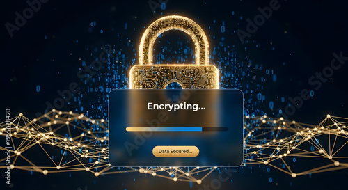 Digital data encryption process with glowing padlock and progress bar on dark blue background