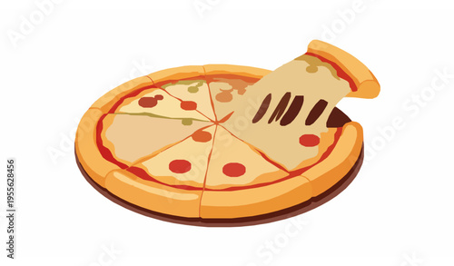 Pizza slice pull with melted cheese stretch dynamic vector illustration of classic italian food isolated on white