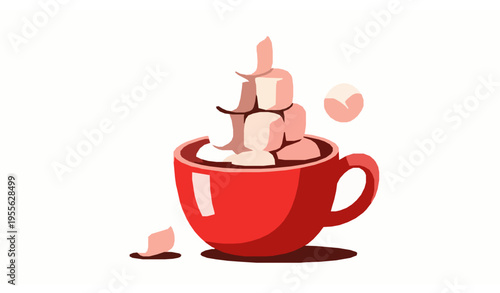 Playful hot chocolate mug with marshmallows stack dynamic cozy drink vector isolated on white