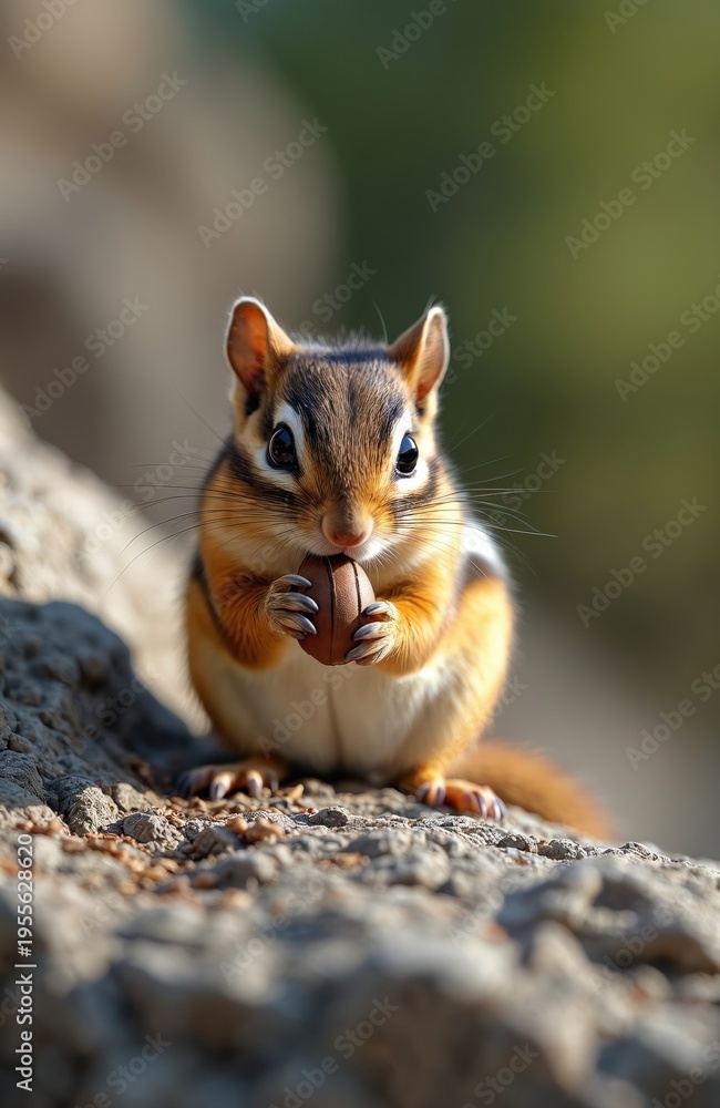 Obraz premium Cute chipmunk holds nut in paws on rocky ground outdoors. Small furry rodent with striped fur eats food in nature. Wild animal prepares for winter hibernation.
