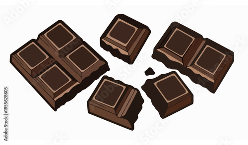 Broken dark chocolate bar vector with textured pieces dynamic sweet treat illustration isolated on white