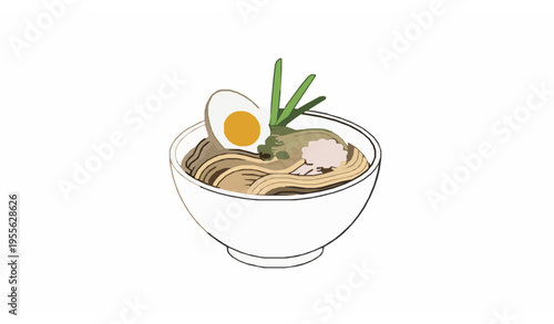 Minimal ramen bowl vector with egg and noodles clean Japanese food illustration isolated on white