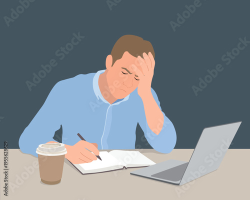 Stressed male employee working on laptop and taking notes with coffee cup