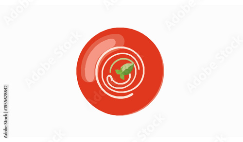 Stylized top view tomato soup vector with cream swirl and basil garnish isolated on white