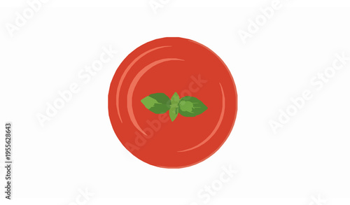 Minimal top view tomato soup vector with basil leaf garnish clean food illustration isolated on white