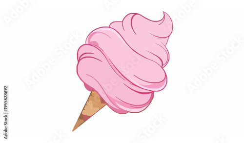 Fluffy pink cotton candy vector on cone realistic carnival dessert illustration isolated on white