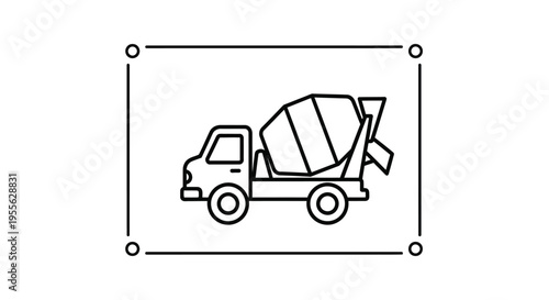 Simple black and white line art icon representing a heavy duty concrete mixer truck used for construction and material transport tasks
